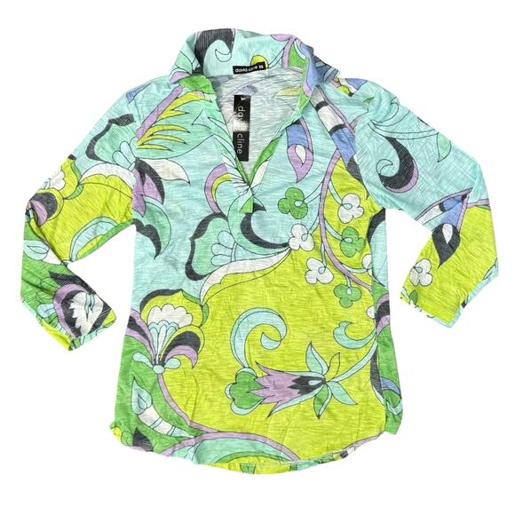 David Cline Kiwi Green Blue Purple Collared V-Neck Blouse Shirt Size XS NEW Tags - Picture 1 of 10